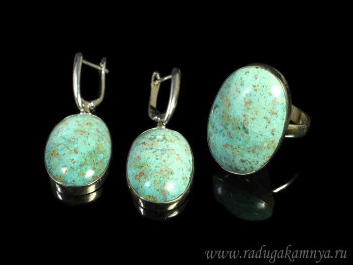 Chrysocolla Oval ring and earrings, size-19.5