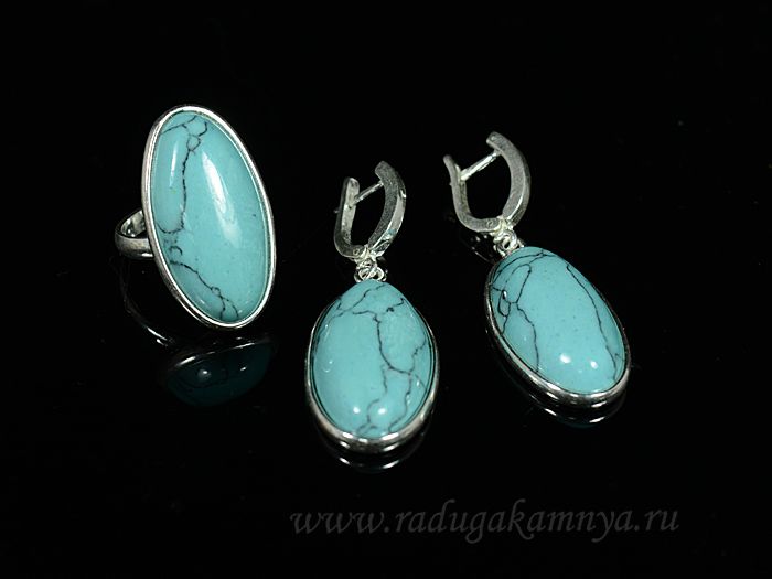 Ring earrings with Iranian turquoise (imitation) in silver plated oval 17*32mm