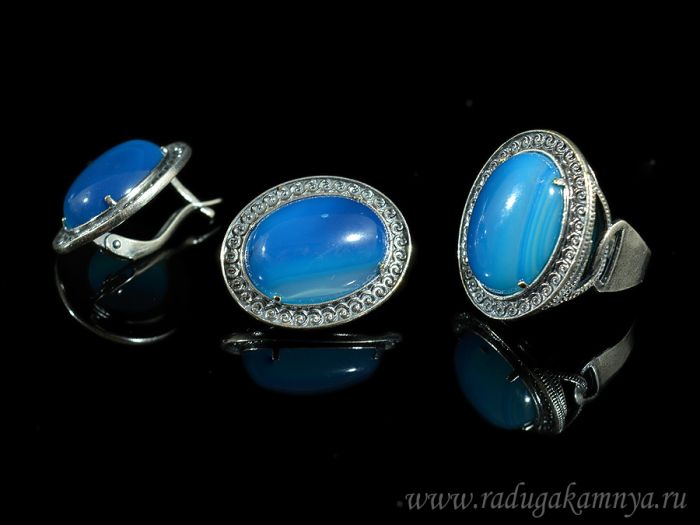 Ring Earrings with tinted agate, color blue size 19