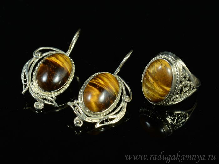 Tiger Eye ring and earrings, size-19