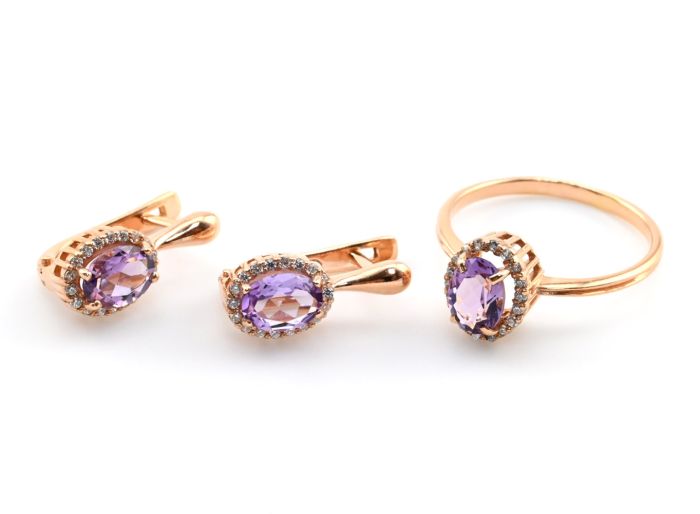 Ring and Earrings with z999 coating and amethyst 8*15mm size 16, 4.9g