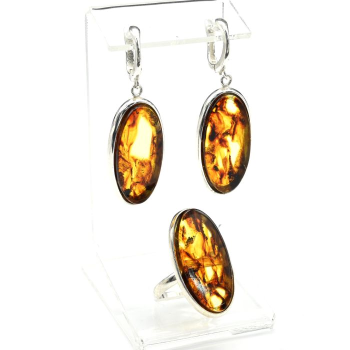 Set with amber in silver plated ring, oval earrings 17*31mm color.cognac, 9.7g