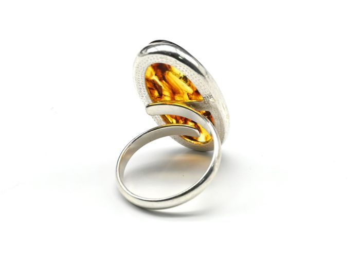 Set with amber in silver plated ring, oval earrings 17*31mm color.cognac, 9.7g