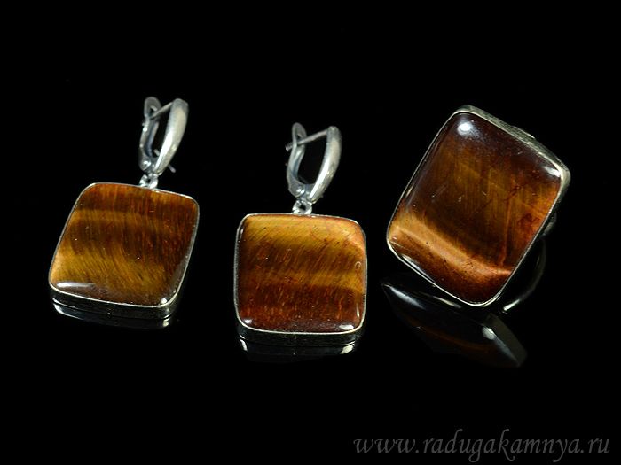 Tiger eye ring and earrings " Rectangle ", size-18.5