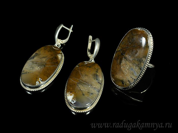 Ring and earrings made of moss agate, 24.2g, size-19.