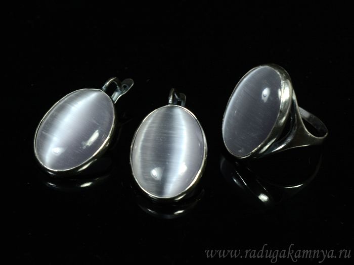 Ring Earrings with cat's eye, color gray size 21