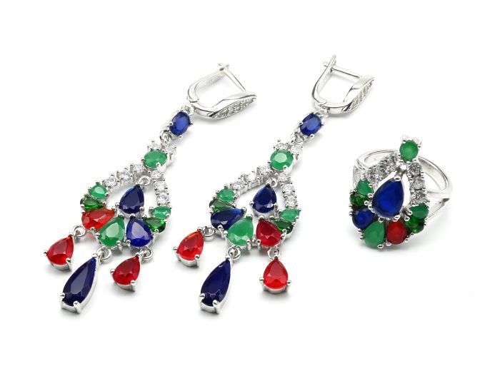 Ring and Earrings with Czech glass and cubic zirconia, size 17, 21.5g