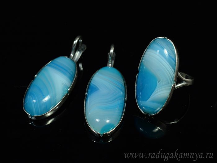 Ring Earrings with tinted agate, color blue size 17