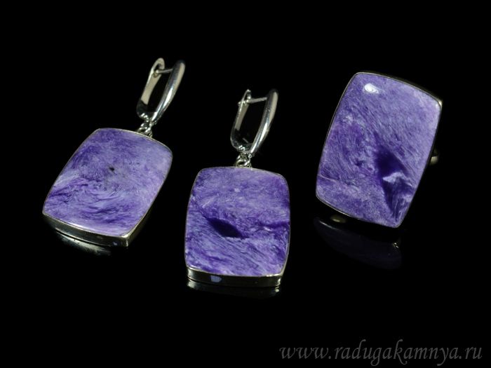 Ring earrings with charoite rectangle 20*27mm, size-17.5