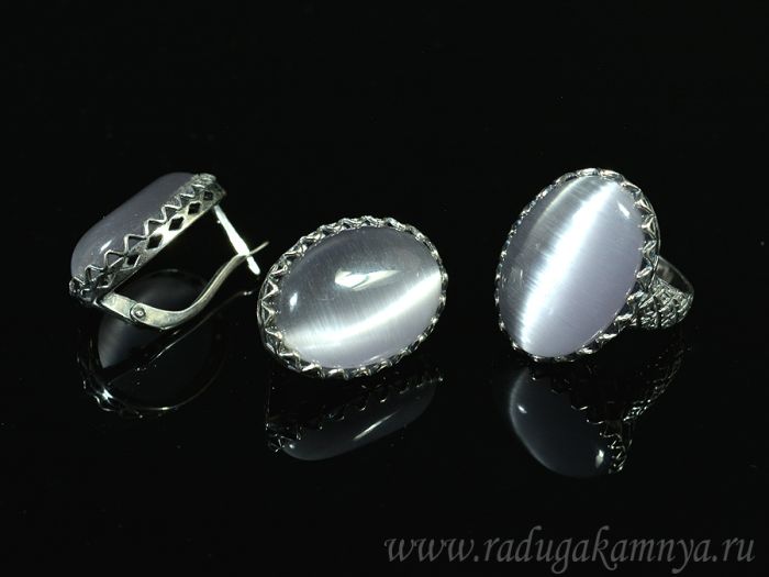 Ring Earrings with cat's eye, color gray size 17