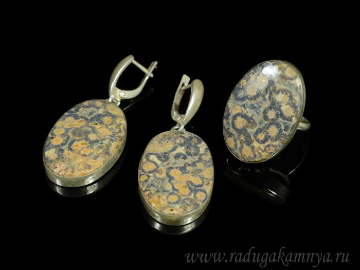 Ring and earrings made of mottled jasper, 17.8g, size-19.