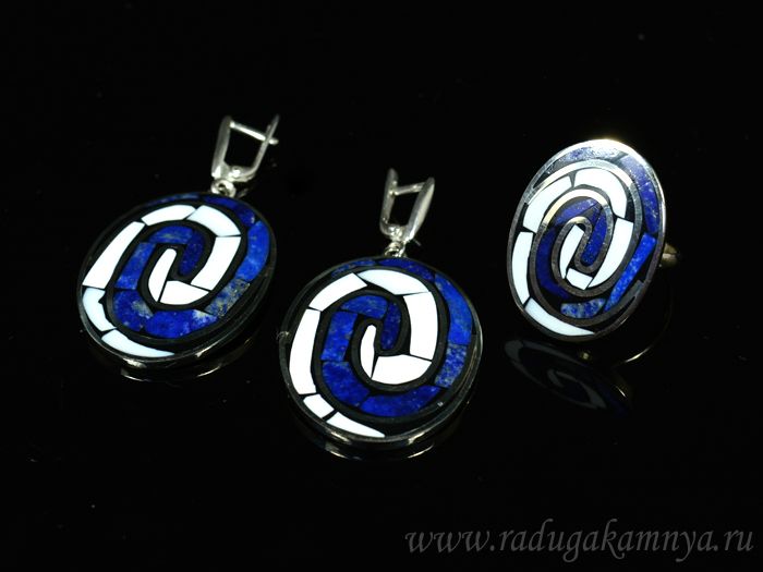 Ring and earrings mosaic "Spirals" of lapis lazuli and caholong, size-18