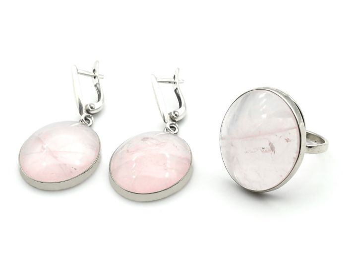 Oval rose quartz ring and earrings, size-18