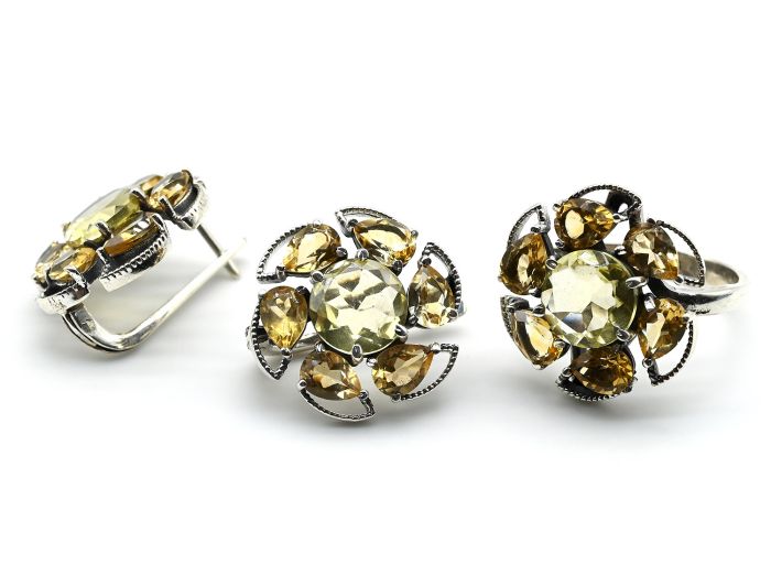 Earrings and Ring with citrine 23mm, size 18, 17g