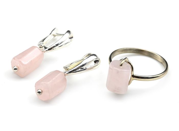 Ring and earrings with rose quartz, size-18