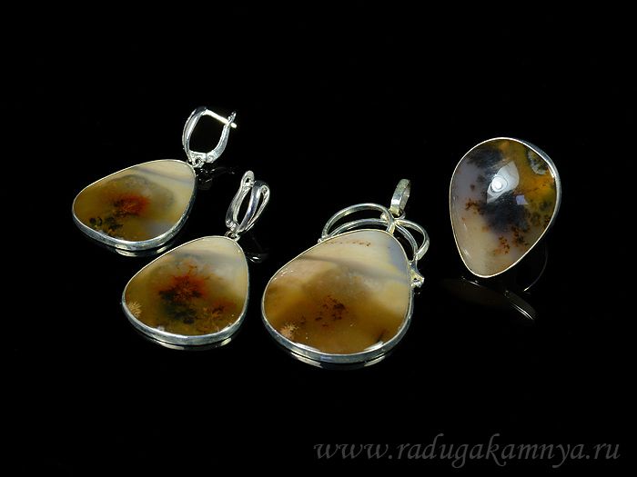 Ring earrings and mokhovaya agate pendant in silver, size 17