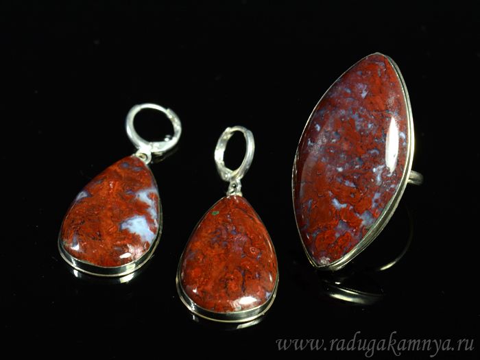 Ring and earrings with agate red lagoon, size-20.5